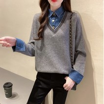 스타일아유 여성용 페이크 패턴 레이어드 브이넥 배색 니트