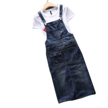 빅사이즈 미디청 고무줄치마 데님 드레스 느슨한 스파게티 스트랩 대형 사이즈 청바지 빈티지 캐주얼 오버