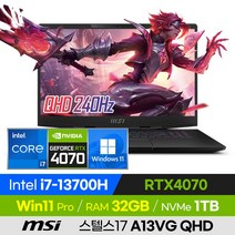 [사은품 증정!] MSI Stealth 17 Studio A13VG QHD 배그 롤 오버워치 발로란트 고사양 고성능 17인치 게이밍 노트북 (코어i7-13700H/RTX4070), 스텔스17 Studio A13VG QHD, 윈도우 포함, 32GB, 1TB, 코어i7, 블랙