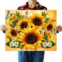 FASEN 캔버스액자 일체형 3D 원형 보석십자수 DIY 키트 50 x 40 cm, ZSP020.나비 해바라기