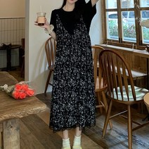 잇츠스타일 여성 빅사이즈 블랙 반팔 티셔츠 꽃무늬 쉬폰 뷔스티에 롱원피스 투피스 세트