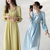 BEARANDPANDA 기품 오픈형칼라넥 솔리드 쉬폰원피스 봄 가을긴팔원피스 A-29