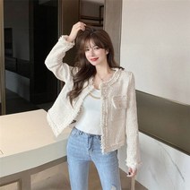 트위드 자켓 재킷 울 핸드메이드 여성 반팔 우아한 슬림 짧은 한국어 패션 allmatch 한국어 패션 코트 가을 우아한 스타일 기질 착실히 보내다