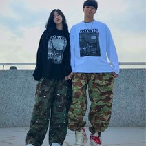 남녀공용 카모 벌룬 팬츠 스트릿 테이퍼드 남자 여자 공용 커플 아메카지 통큰 허벅돼 바지