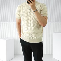 로니제이 남자 여름 케이블 꽈배기 헨리넥 반팔 니트