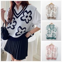 빅 플라워 브이넥 오버핏 니트조끼 베스트 여성골프웨어