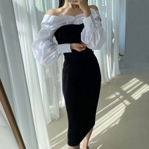 키작녀 결혼식 하객 봄 화이트 오프숄더 셔츠 명품 블랙 머메이드 미디 레이어드 원피스