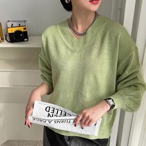 뜨개진 여성용 루즈핏 소매퍼프 프리스 브이넥 니트