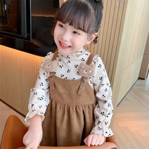 여아 가을 세트 2021 아동 코르덴 멜빵 스커트+티셔츠 투피스 쁘띠 걸 세트