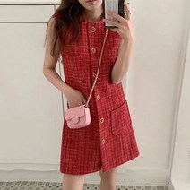 여성 트위드 원피스 하객룩 오피스룩 EWQ 민소매 격자 무늬 대비 레드 드레스 싱글 브레스트 의류 미니 봄 여름 신상품