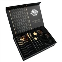 [아마존 히트 상품]포르투갈 24P 프리미엄 스테이크 나이프 포크+커스텀 사은품 식탁보, 흑금-24 기프트 세트