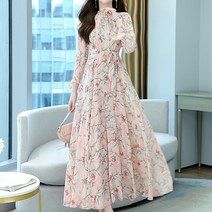 잇츠스타일 여성 핑크 쉬폰 나비 플라워 패턴 리본 롱원피스
