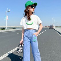 소소키즈 여아 스마일 크롭 반팔 티셔츠 청바지세트 아동 키즈 주니어 여름 상하의