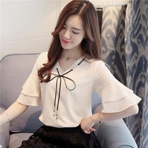 쉬폰블라우스 하객룩 오피스룩 리본 레이스 프릴 반팔 나비 매듭 쉬폰 블라우스 셔츠 여성 상의 단색 화이트 브이넥 캐주얼 여름 18A