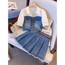 여름 투피스 세트 여성 의상 캐주얼 반팔 노치 벨트 스커트