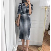 체크 브이넥 옆트임 반팔 원피스 드레스 데일리룩 편한 시원한