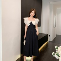리얼 최신 여름 프렌치 컬러 조거 사각넥 날씬해 보이는 레이스 원피스 여