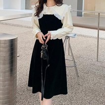 물결디자인 카라 원피스 벨벳 소재 블랙 모임룩 코디