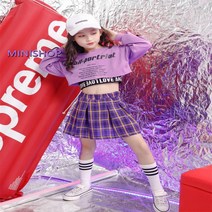 키즈 치어리더 스트릿댄스 패션 비걸 아동 방송댄스 의상 복 세트 댄스개인레슨 성인, 자색 체크 스커트_140cm