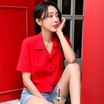 바보사랑 여성 데니즈 린넨 컬러 버튼 반팔 셔츠 남방 .디작소