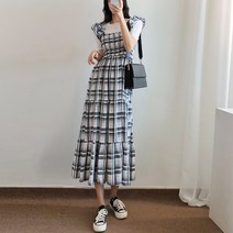 요시아나 [당일발송] 꾸안꾸 체크 프릴 나시 스모크 플레어 캉캉 롱 원피스 -2컬러