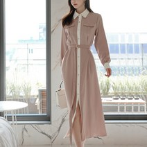 넷투넷코리아 여성 롱 원피스 셔츠형 카라 배색 하객룩 오피스룩
