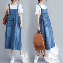 요나걸 여성 원피스 데님원피스 롱청치마 멜빵원피스 빅사이즈원피스 백스트랩리본끈 A라인 스커트 코디하기 쉬운원피스 사계절 여자데님원피스 + 양말증정