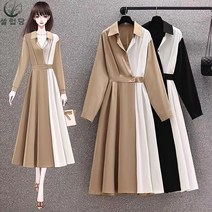 셀럽당 여성용 빅사이즈 브이넥 배색 셔링 셔츠 원피스 Y01071