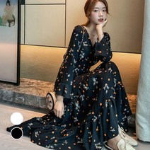 예쁜 꽃무늬 패턴 브이넥 디자인 여성 긴팔 롱 원피스