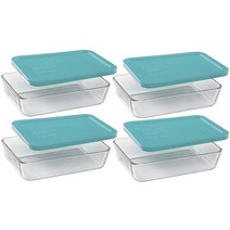 Pyrex Basics 투명 유리 식품 보관 접시 청록색 플라스틱 뚜껑이 있는 직사각형 접시 4개(3컵) 미국 제조