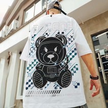 S-8XL 여름 신작 유성곰 프린트 반팔 티셔츠 남성과 여성 커플 트렌드 패션 홍콩 스타일 대형 면 느슨한 모든 경기 5점 소매