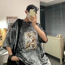 빈티지 얼음 벨벳 반팔 티셔츠 남성 조수 브랜드 트렌드 ins 여름 유화 스타일 커플 루즈 탑 의류 모노타임 헤이즐모드 럭키슈에뜨 맥커스 허그본