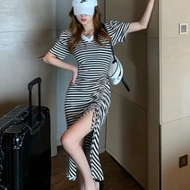 여름 캐주얼 데일리 단가라 옆트임 포인트 롱원피스 캐쥬얼롱원피스 여름 러블리룩 대학생원피스