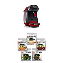 Bosch TAS1003 Tassimo 해피 캡슐 머신 1300W 공간 절약형 다양한 음료 저스트 레드 + Tassimo 다양한 패키지 - 5가지 커피 기반 음료 팩 T 디스크(1 x 927g), 밝은 빨간색, Caffe Crema Classico XL과 함께
