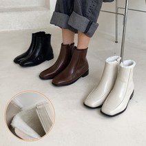 이나슈즈 스퀘어 안감 퍼 양털 앵클부츠 3cm 낮은굽 가죽 털부츠