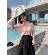 부드러운 분위기 퍼프 반팔 셔츠 패치워크 리본 끈 상의녀