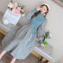 가을 니트 플라워 롱 원피스 청순 데이트룩