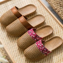 Jun Factory 통기성좋고 발이 편안한 등나무꽃패턴 왕골슬리퍼, 레드