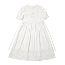 일본스타일 라운드 넥 리본 레이스 화이트 프릴 반팔 자수 원피스