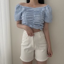 VANANA2 여성 러블리 큐트 부클 셔링 스모크 뒷지퍼 퍼프 크롭 반팔 블라우스