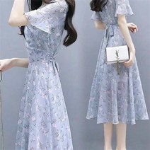 WZC 여름 여성 쉬폰 롱원피스 잔꽃 브이넥 프릴 나팔소매 벨티드 슬림핏 반팔원피스 치마 빅사이즈 S~3XL