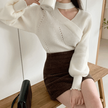 브이넥 트임 스카시 하찌 니트 Y212084