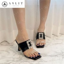 셀러허브 패션 [애슬릿] 여성 PVC 큐빅 버클 주름 스트랩 뮬 힐 슬리퍼