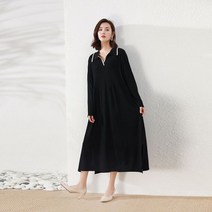 루즈핏 카라넥 허리 셔링 플레어 슬릿 니트 롱 원피스 라인 배색 편한 데일리 30대 40대