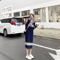 베러댓걸 여성용 가을 겨울 단가라 스트라이프 골지 빅사이즈 롱 긴팔 원피스