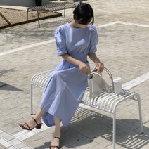 [바보사랑] 여성 핀턱 스트랩 퍼프 롱 원피스 드레스