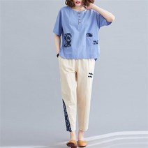 면 마 세트 여성 여름 엄마옷 와이드 배기 팬츠 투피스 Whr0418