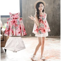 [랑구랑구] 여아 민소매 블라우스 반바지 코디세트 주니어 초등여아 해변룩 바캉스룩