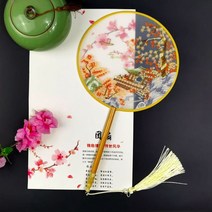 너슬부채 한국무용 전통 부채춤 여성 댄스 자수 꽃 핸드 헬드 나무 손잡이 팬 빈티지 반투명 중국 스타일 라운드 실크 술, 31 31