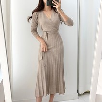 넷투넷코리아 여성 니트 롱원피스 플리츠 단색 긴팔 데일리룩
